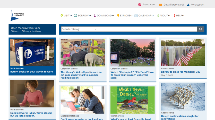 Library homepage featuring search bar, featured events, and images of animals and flags.