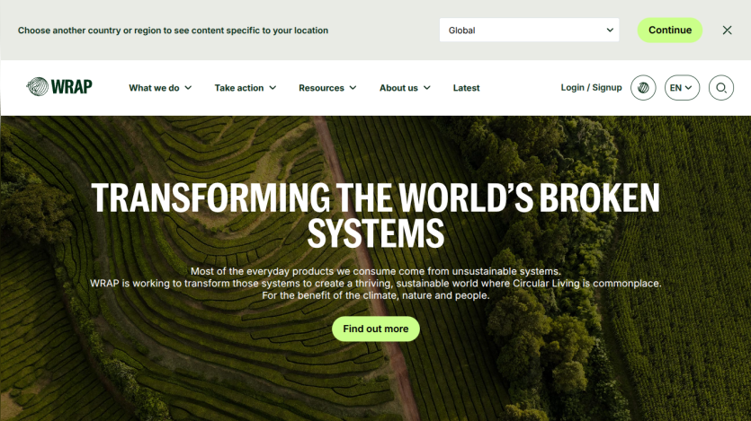 Homepage of WRAP with a focus on transforming broken systems, featuring a call to action button.