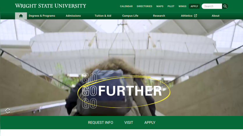 Wright State University homepage featuring a student ascending stairs with 'GO FURTHER' prominently displayed.