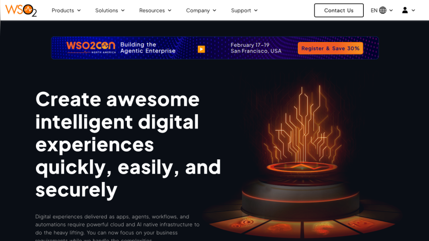WSO2 homepage with headline about creating intelligent digital experiences and a futuristic glowing tech graphic
