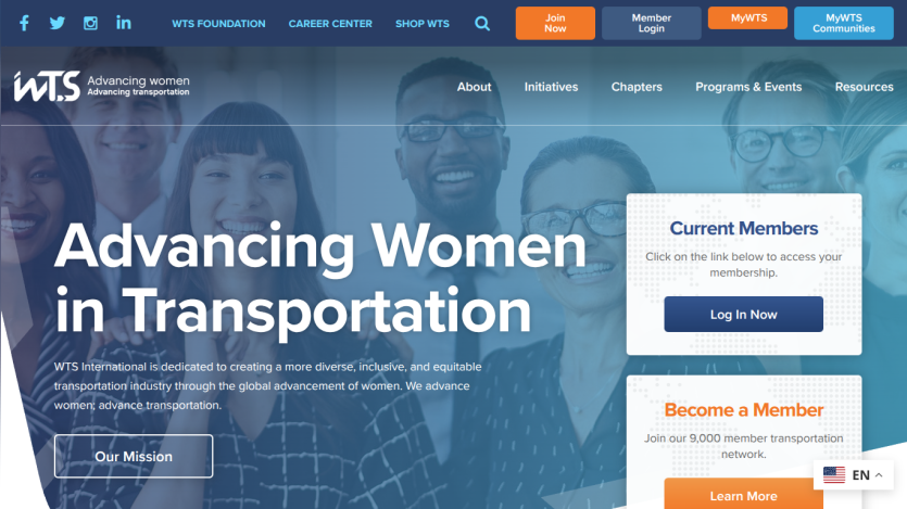 WTS International homepage promoting advancement of women in transportation with mission statement and membership login options