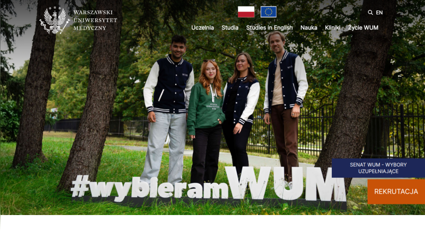 Website homepage featuring four individuals in front of trees with a hashtag and recruitment button.
