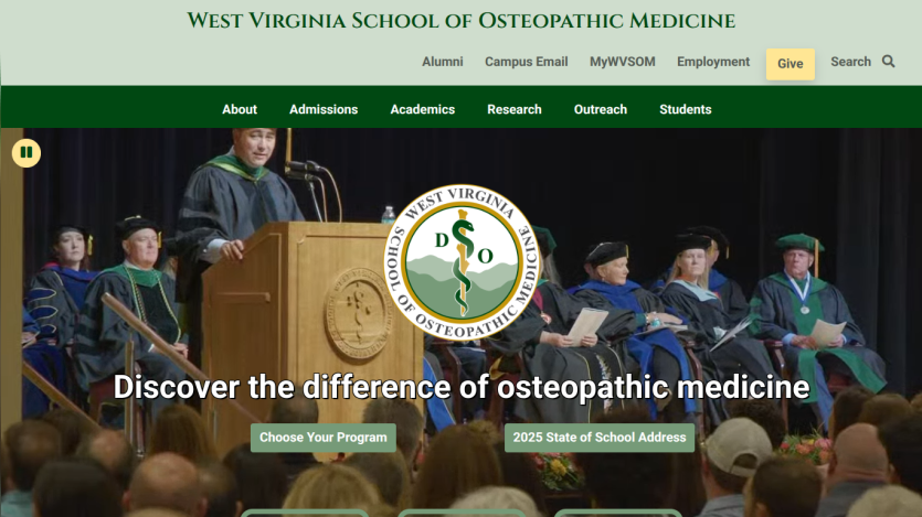 West Virginia School of Osteopathic Medicine homepage with navigation and hero image featuring a speaker at a podium and audience