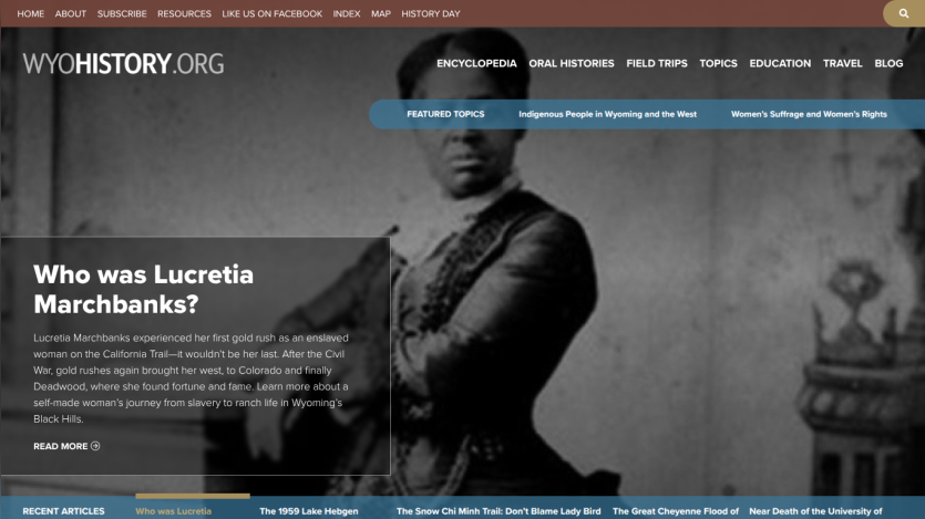 WyoHistory.org homepage featuring a historical photo and an article about Lucretia Marchbanks' journey from slavery to ranch life in Wyoming.