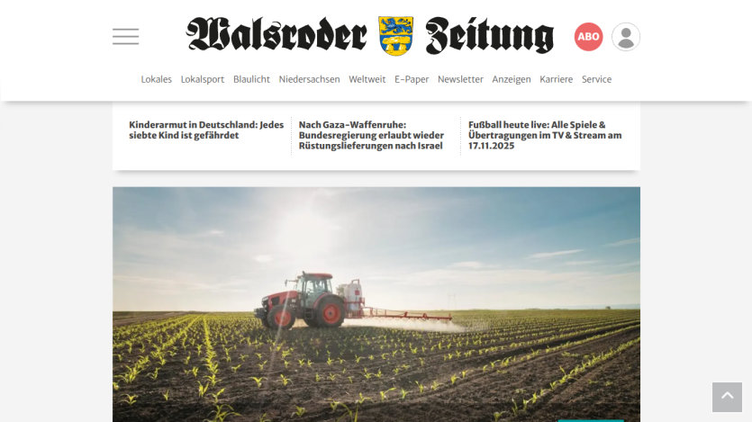 Walsroder Zeitung website header with navigation and news headlines about child poverty, Gaza arms ban, and live football coverage, plus a hero image of a tractor spraying a field.