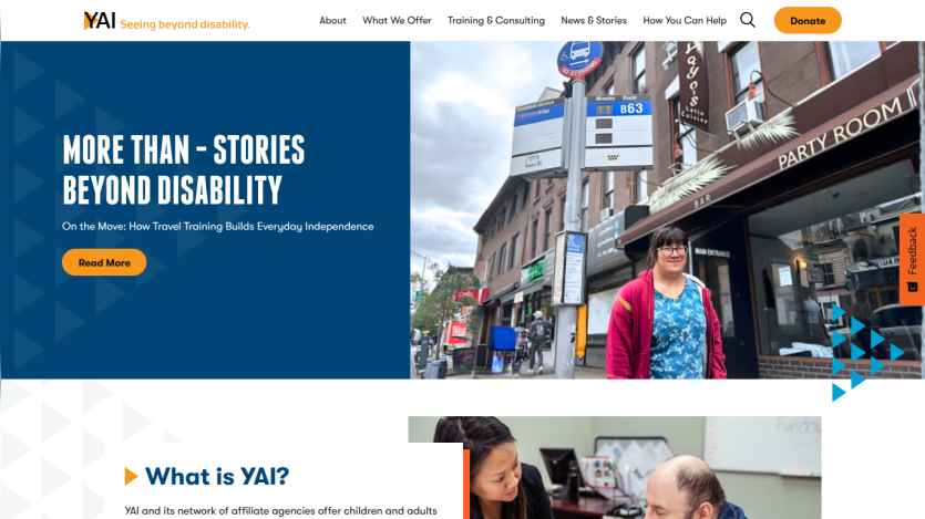 YAI website hero section with headline 'More Than - Stories Beyond Disability' and a person standing on a city street