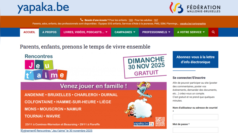 Yapaka.be homepage offering resources for parents and children with navigation and a featured book on relational aid