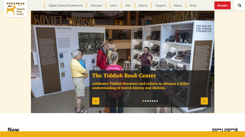 Yiddish Book Center homepage promoting Yiddish literature and culture with navigation menu and donate button