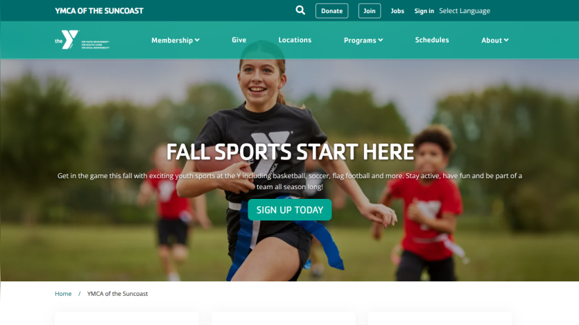 Homepage header with navigation menu and hero section featuring a large headline and call-to-action button