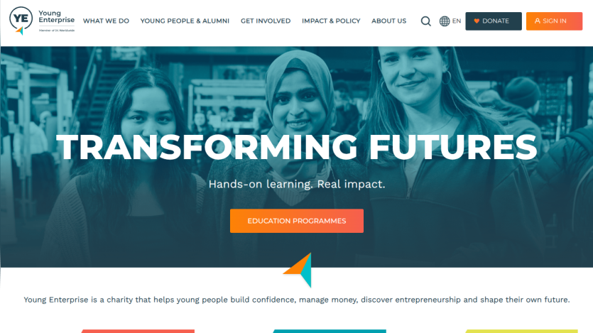 Young Enterprise homepage with headline Transforming Futures and call to action for education programmes