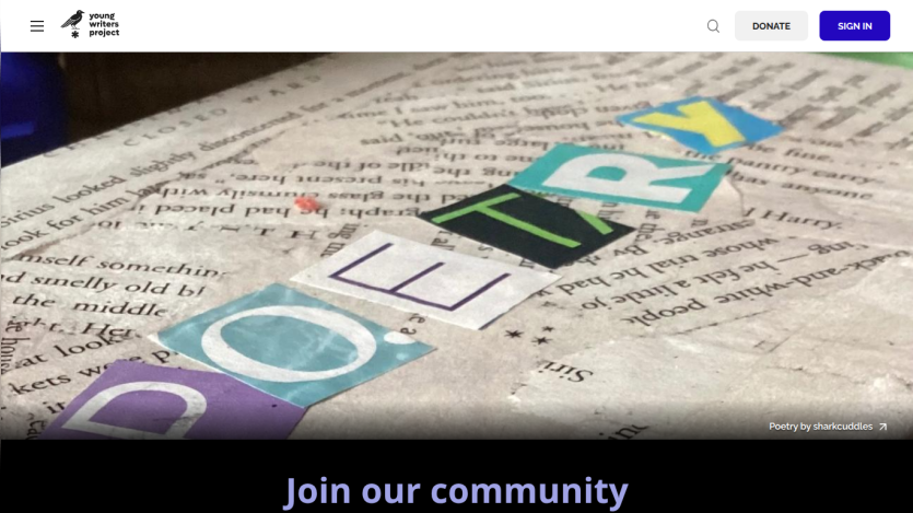 Homepage featuring the word 'POETRY' in colorful letters and a call to action to join the community.