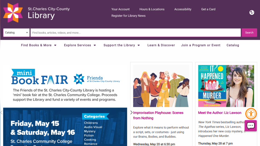 St. Charles City-County Library homepage featuring events and services.