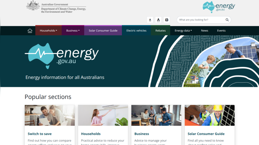 Energy information website for Australians with sections on household, business, and solar consumer guides.