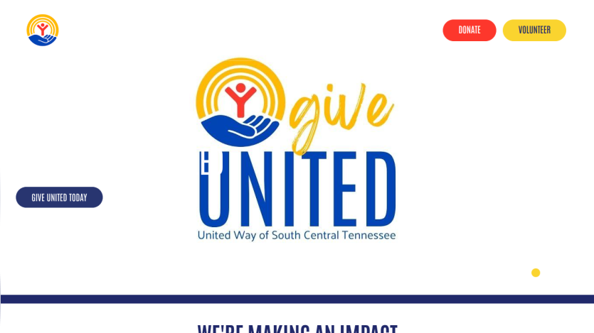 Homepage with a blue header featuring navigation links and a large hero section with a headline and call-to-action button