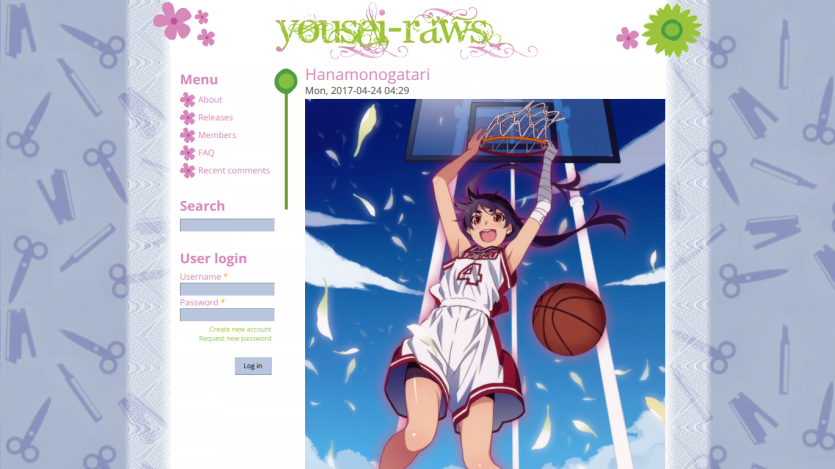 Anime-themed website featuring a girl in a basketball uniform, with navigation and search options visible.