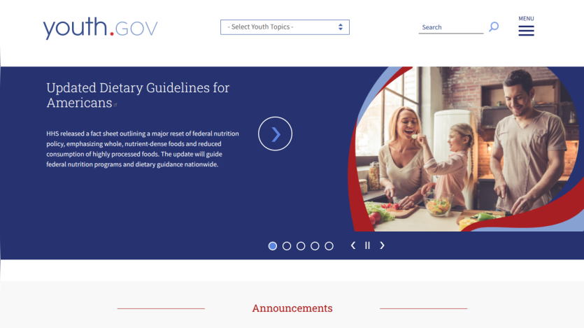 Homepage featuring updated dietary guidelines with a family cooking together.