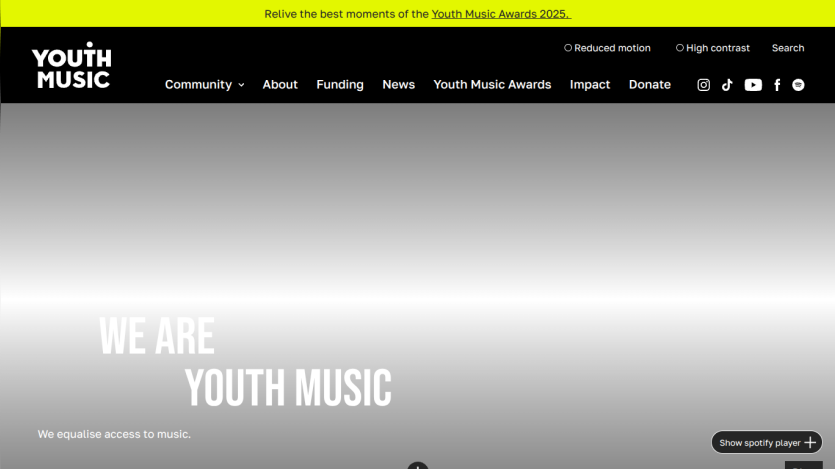 Youth Music homepage with navigation links and hero text stating 'We are Youth Music' and 'We equalise access to music'