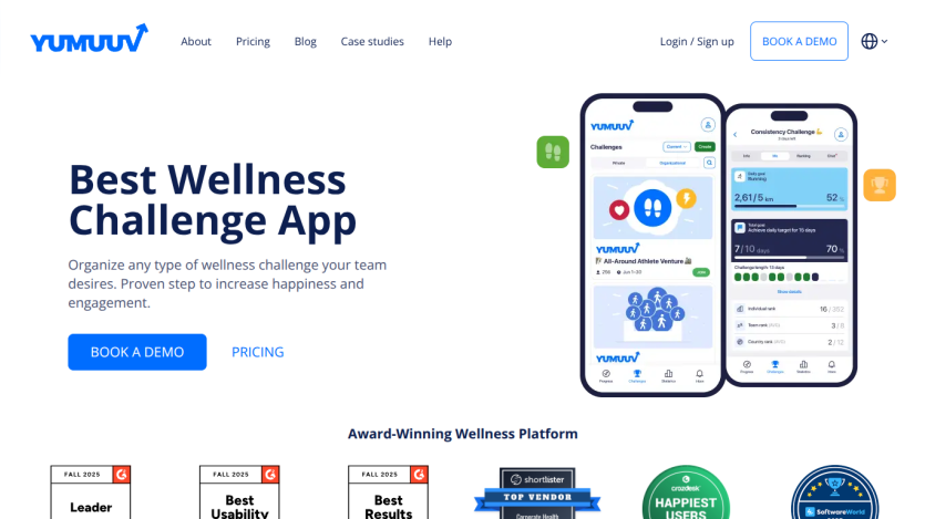 Wellness challenge app homepage with demo booking, pricing links, and app screenshots showing challenge tracking features
