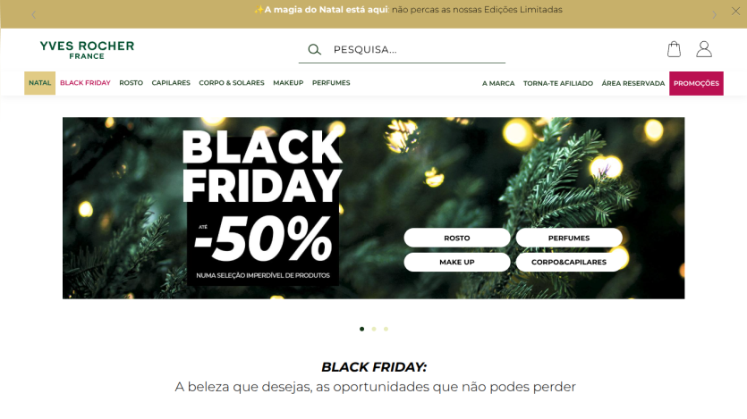 Yves Rocher France website showing Black Friday up to 50% off promotion with navigation menu and search bar