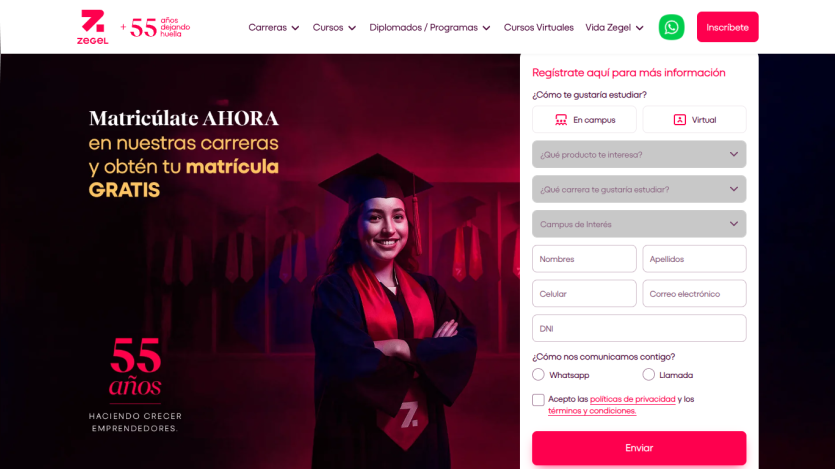 University enrollment page with a graduate in cap and gown, registration form, and promotional text about free enrollment