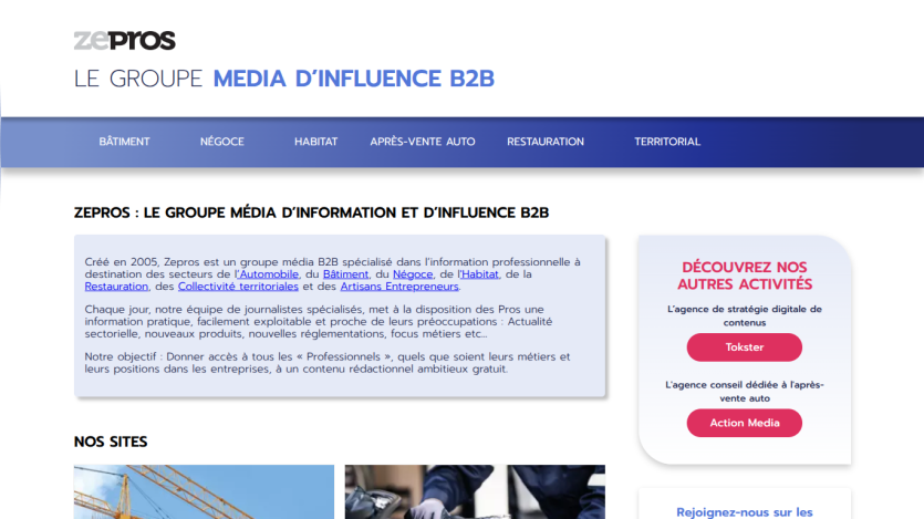 Zepros B2B media group homepage with navigation and description of professional information services in various sectors