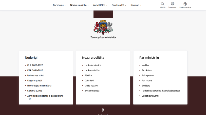 Latvian Ministry of Agriculture website with navigation menu and sections on services, sector policies, and ministry information.