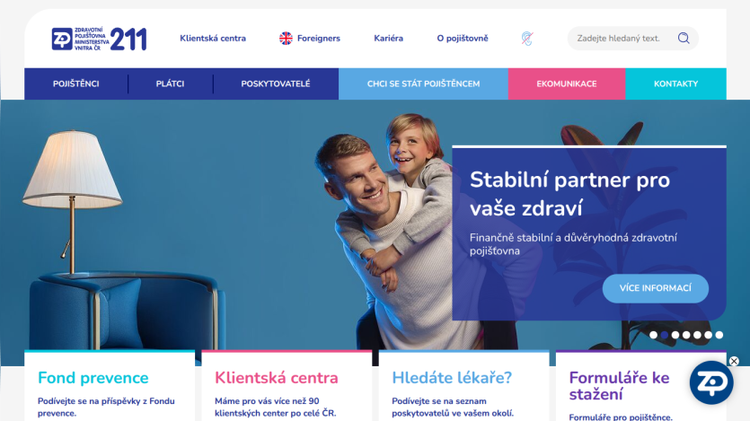 Health insurance website with navigation, hero image of man and child, and sections on prevention fund, client centers, doctors, and downloadable forms