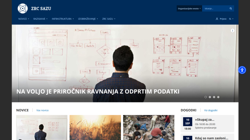 Homepage of ZRC SAZU featuring a person in front of whiteboards and key information about open data resources.