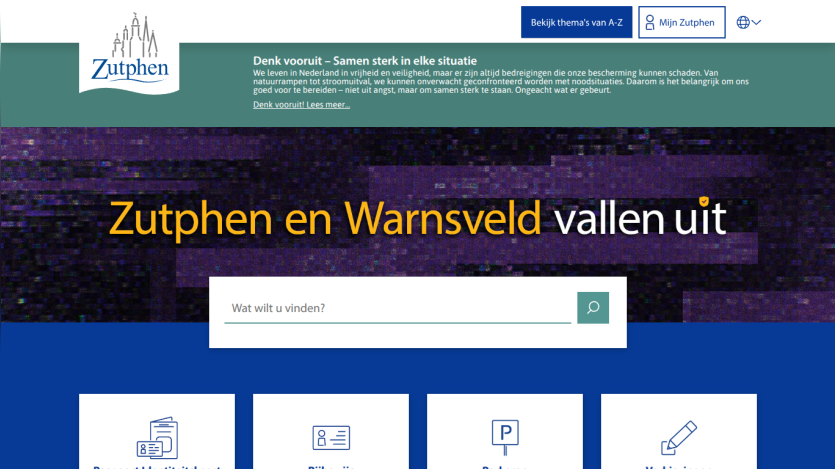 Zutphen municipal website with safety message, search bar, and navigation options