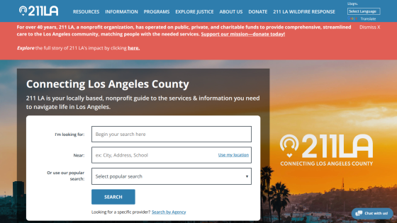 211 LA homepage connecting Los Angeles County with a search form for services and information