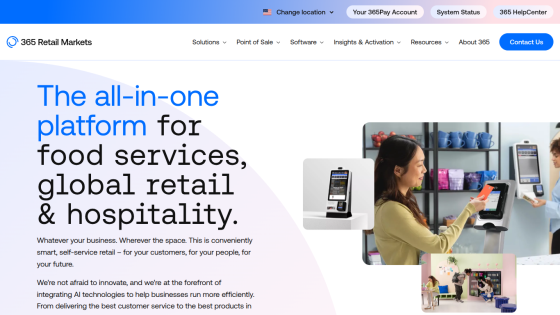 Homepage of a platform for food services, retail, and hospitality with headline and image of a woman in a store