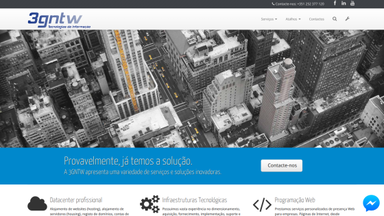 Website homepage with aerial cityscape background, headline about providing solutions, and a contact button.