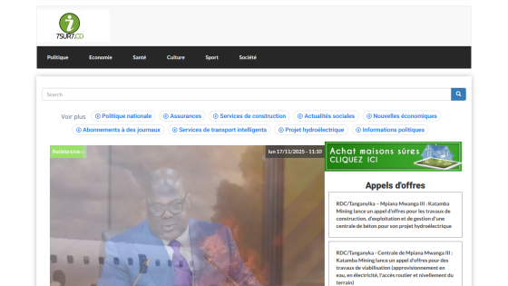 News website homepage with categories, search bar, and a hero image showing a plane on fire with smoke, dated 17/11/2025