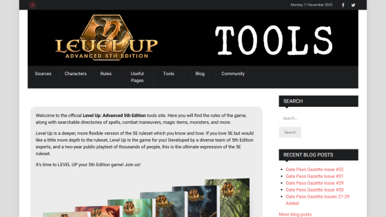 Level Up Advanced 5th Edition tools site with navigation, introduction text, and book images for the 5E ruleset