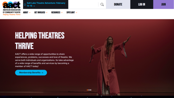 AACT homepage with headline Helping Theatres Thrive and a call to action for membership benefits