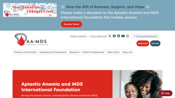 Aplastic Anemia and MDS International Foundation homepage with donation callout, navigation menu, and hero section featuring two smiling women