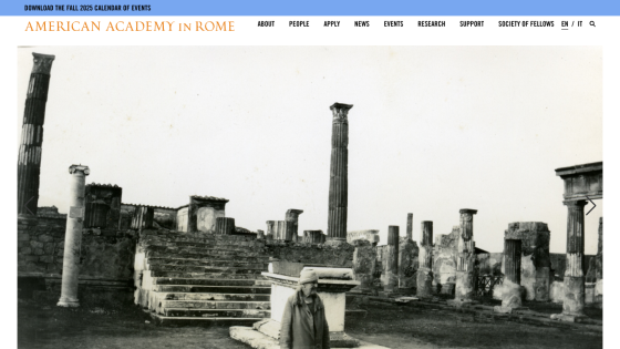 American Academy in Rome website with navigation and black-and-white photo of ancient Roman ruins and a person in the foreground.