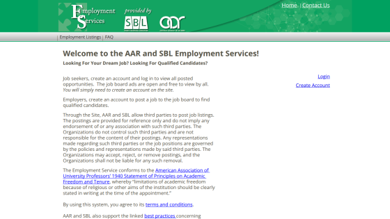 Welcome message for AAR and SBL Employment Services with links to create an account and job listings.