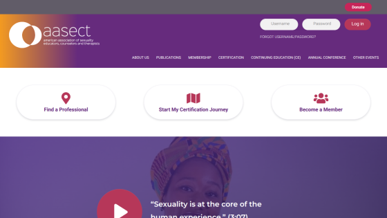 Homepage of AASECT featuring navigation and key sections for professionals and certification.