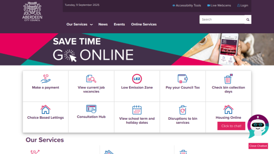 Website homepage featuring services like payments and job vacancies with a colorful design.