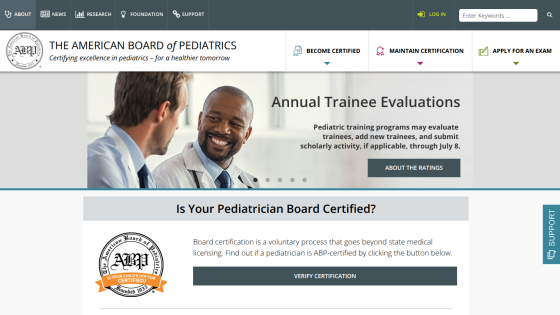 Homepage of the American Board of Pediatrics featuring annual trainee evaluations and certification information.