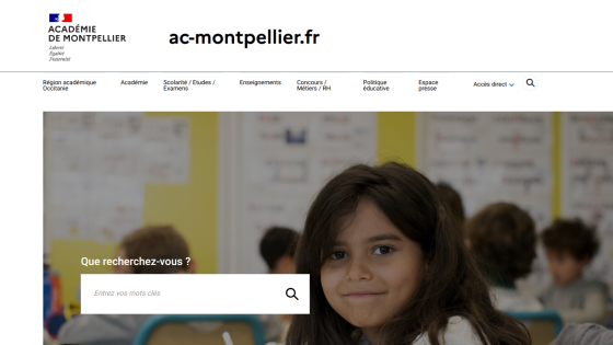 Homepage of Académie de Montpellier featuring a search bar and a smiling girl in a classroom setting.