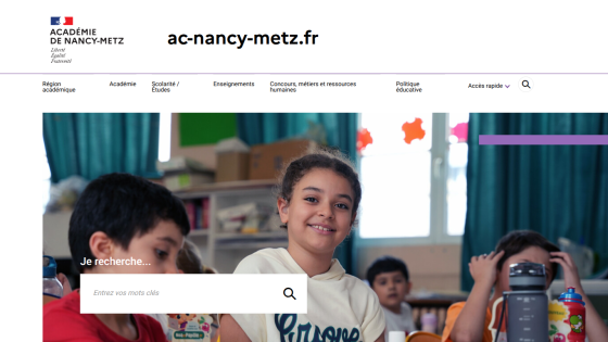 Homepage of ac-nancy-metz.fr featuring children in a classroom setting and a search bar.
