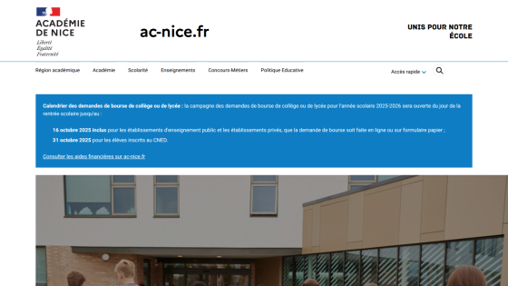 Homepage of Académie de Nice featuring a building and informational text about school enrollment.