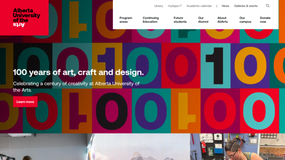 Homepage of Alberta University of the Arts celebrating 100 years of art, craft, and design.