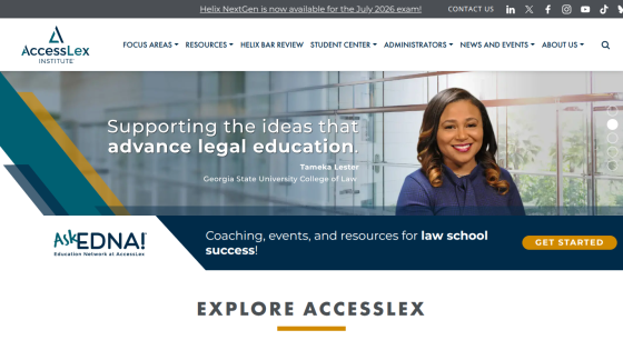 AccessLex Institute homepage with legal education support message and coaching resources for law school success
