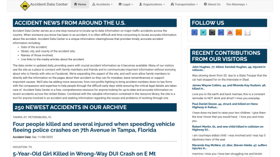 Accident Data Center homepage with news on recent U.S. traffic accidents, social media links, and visitor contributions.