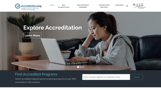 Homepage featuring a woman using a laptop with a focus on accreditation information.