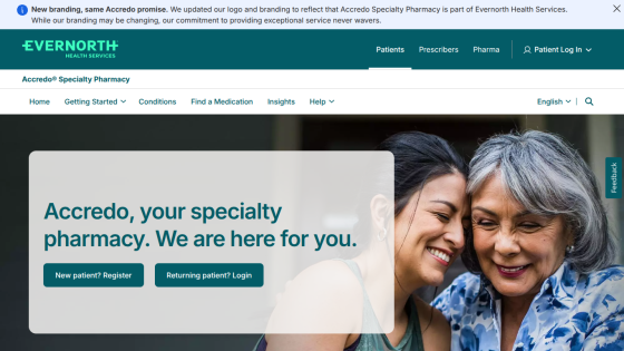 Accredo, your specialty pharmacy, with a welcoming message and two women smiling together.