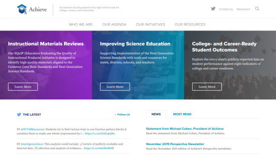 Homepage featuring sections on educational resources and initiatives with call-to-action buttons.
